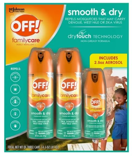 OFF! Familycare Smooth &amp; Dry Insect Repellent Aerosol, Powder Dry Formula, Bug Spray with Long Lasting Protection from Mosquitoes (2) 6 Ounce &amp; (1) 2.5 Ounce