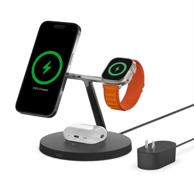 Belkin MagSafe 3-in-1 Wireless Charging Stand - 2ND GEN w/ 33% Faster for Apple Watch - iPhone 15, 14 & 13 Series, & AirPods -Charging Station for Multiple Devices - Black