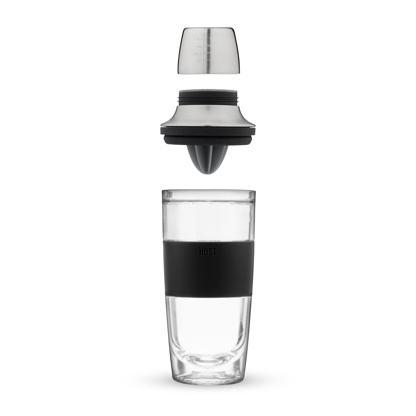 HOST Cocktail Shaker FREEZE Double-Walled Cup with Citrus Reamer, Stainless Steel Jigger Cap, Strainer, and Active Cooling Gel, Black 20 Oz 3-Piece Bar Set,Gray