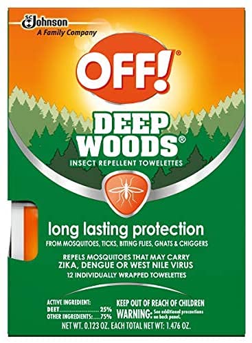 OFF! Deep Woods Insect Repellent Towelettes, Long Lasting Protection from Mosquitoes, Unscented, 12 Count Individually Wrapped Wipes