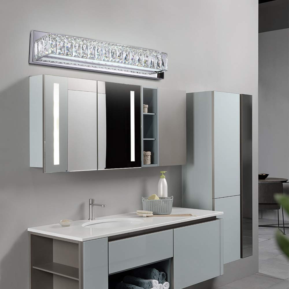 Crystal Vanity Lights, Bathroom Vanity Lighting Fixtures Over Mirror, LED Modern Wall Lights Fixtures Made for Stainless Steel Finish and K9 Crystal, Cool White 6000K Make-up Mirror Front Light