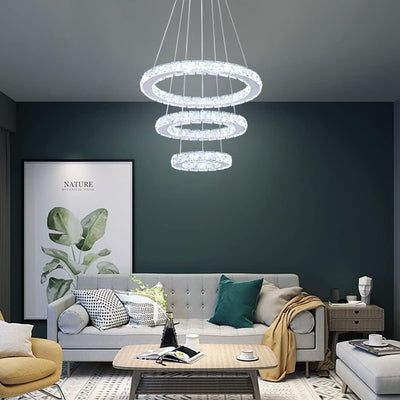 Winretro Modern LED Chandeliers Crystal Chandelier 3 Ring Round Pendant Lighting Adjustable Stainless Steel Ceiling Light Fixture for Living Room Dining Room Bedroom 234 cool white