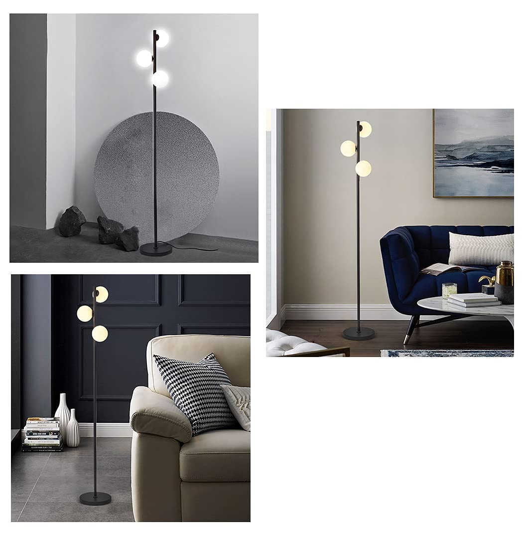 MichiDeco Floor Lamp, Mid-Century Floor Light, 3-Light Globes Lamp for Bedroom or Living Room,Black
