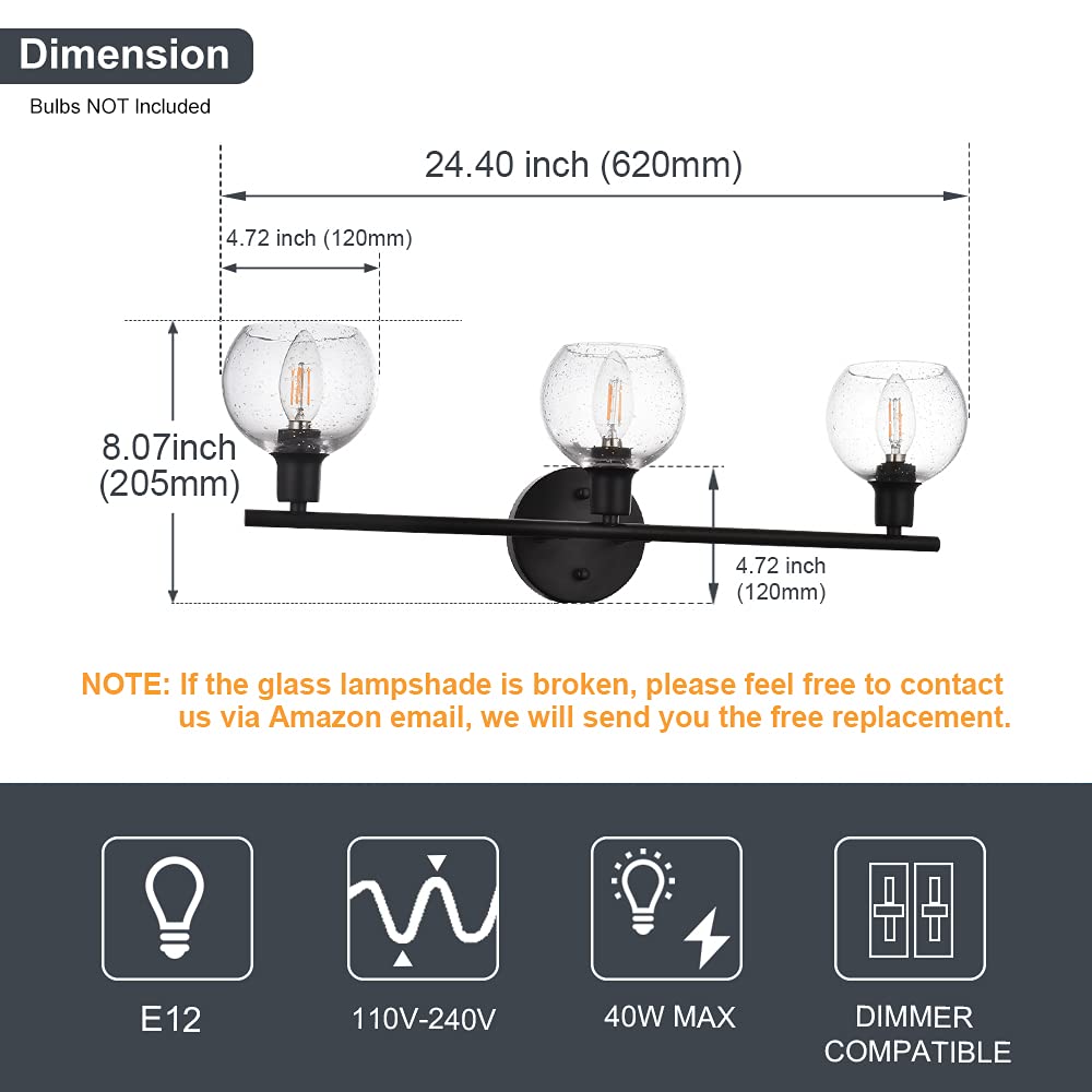 WINSHEN 3-Lights Globe Shade Bathroom Vanity Light, 24.4” Width Seeded Glass Bathroom Lighting Fixtures Over Mirror Matte Black Finish for Cabinet Powder Room