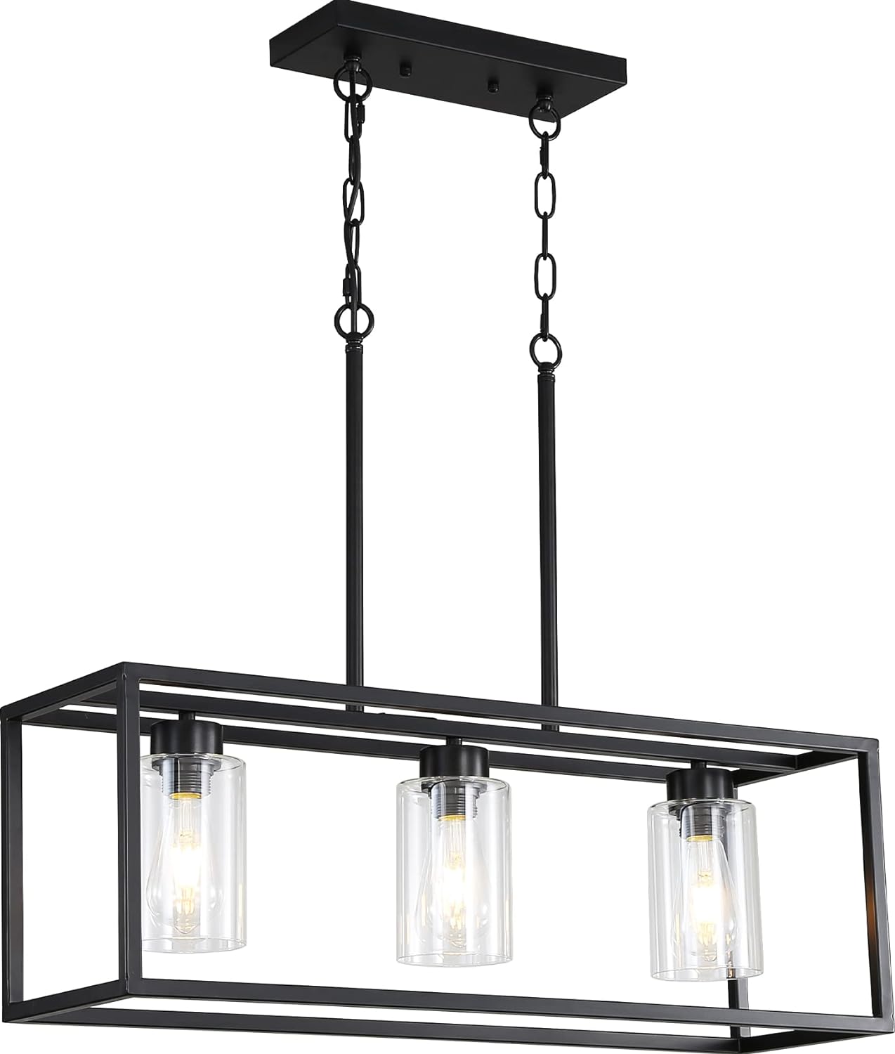 Black 3-Light Dining Room Light Fixture, Modern Farmhouse Chandeliers, Linear Rectangular Kitchen Island Lighting, Industrial Vintage Pendant Lighting with Clear Glass Shade Height Adjustable