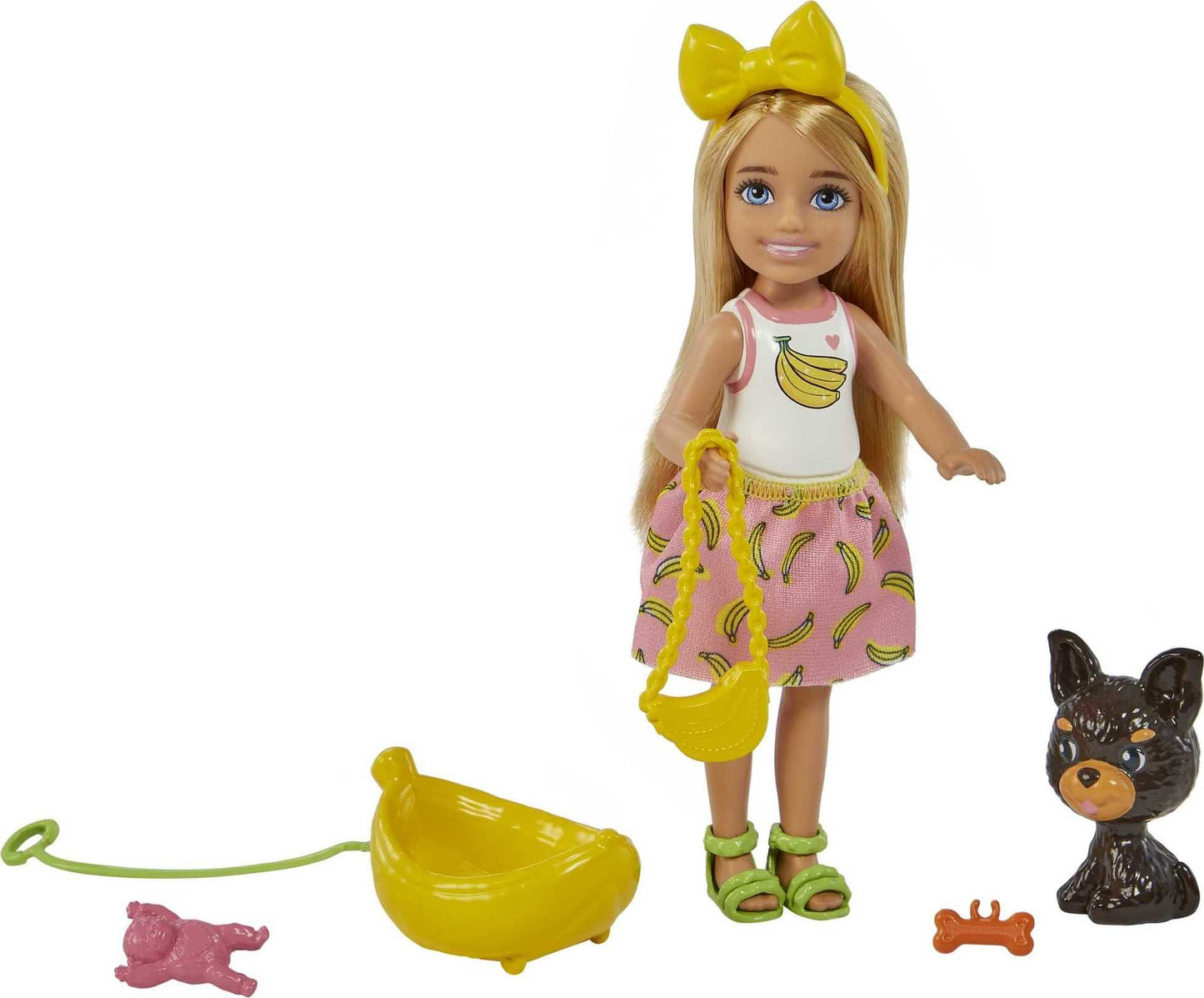 Barbie Chelsea Doll & Accessories, Blonde Small Doll with Removable Banana-Print Skirt, Puppy, Pet Bed & More