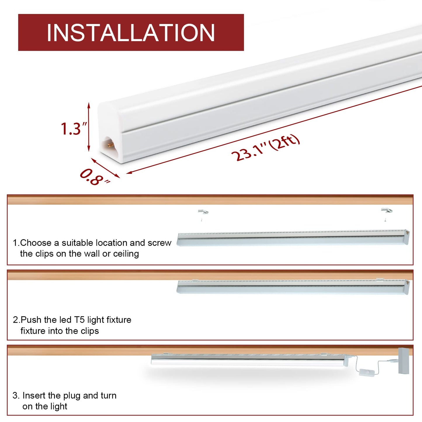 Kihung 8 Pack LED Shop Light Fixture 2FT 6500K 10W 1100LM, T5 Super Bright White LED Tube Strip for Garage, Workshop, Ceiling, Under Cabinet Light, Frosted Cover, Linkable, with ON/Off Switch