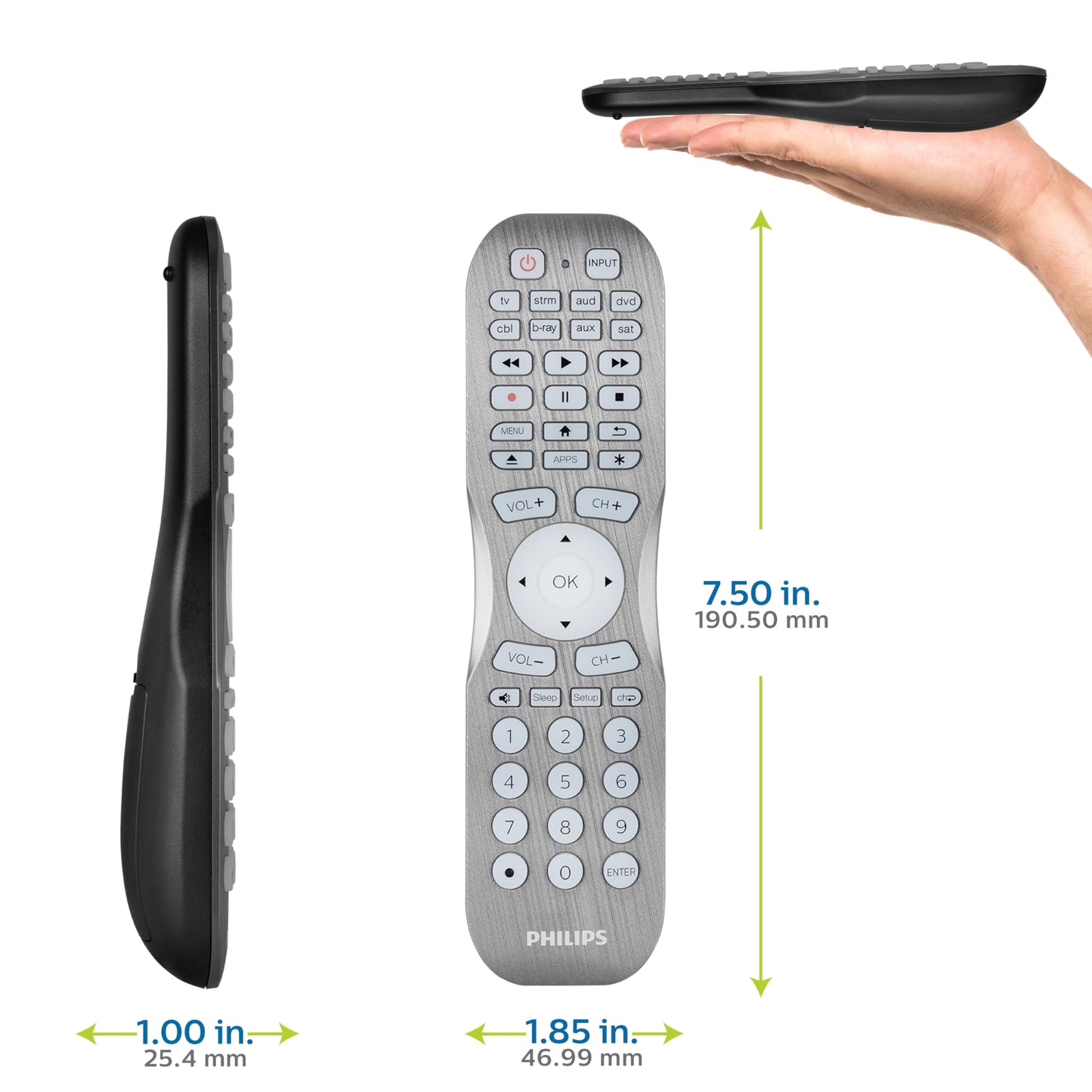 Philips Remote Control for Samsung, Vizio, LG, Sony, Sharp, Apple TV, TCL, Panasonic, Streaming Players, Blu-ray, DVD, and More, 8 Device, Backlit, Brushed Graphite, SRP8121G/27