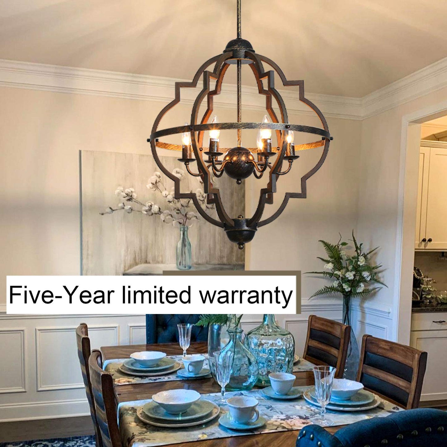Bsyormak 6-Light Rustic Chandelier Farmhouse Pendant Lighting 22" Large E12 Adjustable Height Stardust Hanging Light Wood Color Painted Globe Vintage Dining Light for Kitchen Island Foyer Entryway