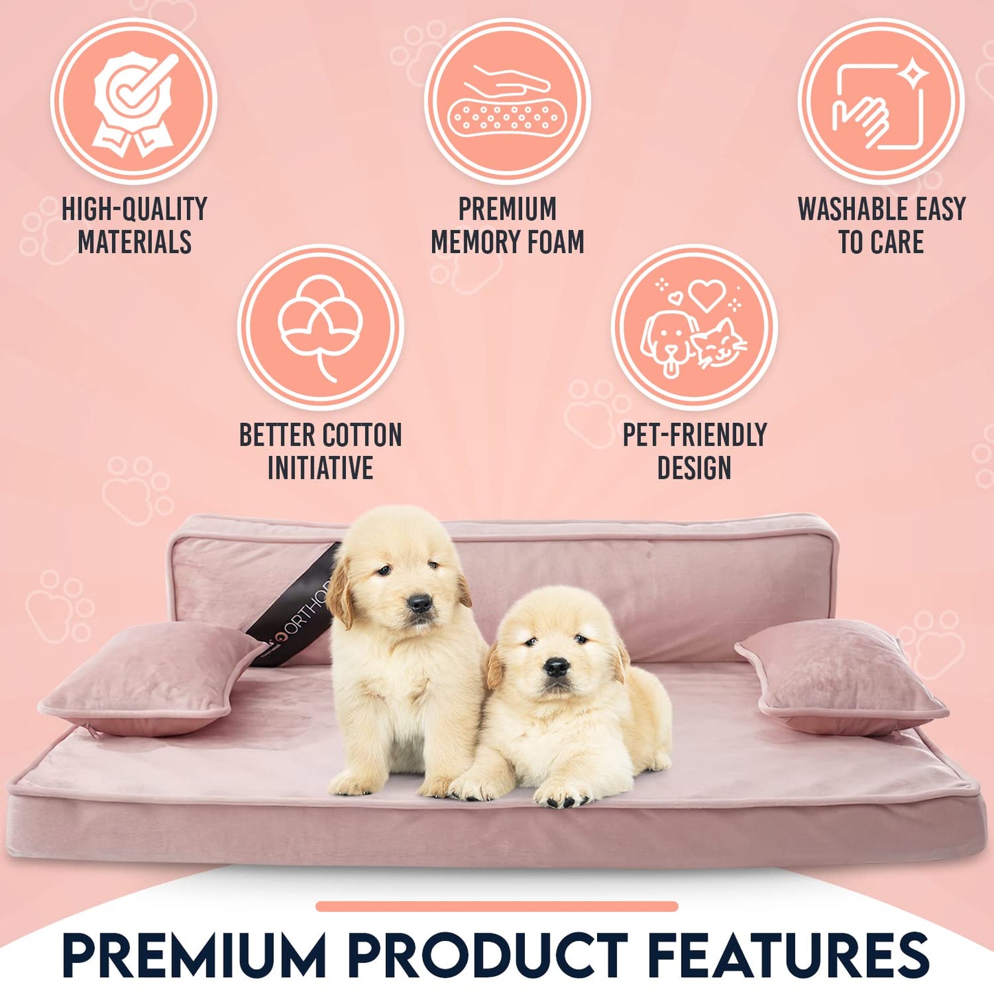 Precious Tails Orthopedic Dog Bed, Memory Foam Pet Sofa with Pillows, Removable Washable Cover, Bolster Cat Couch, Medium/Charcoal