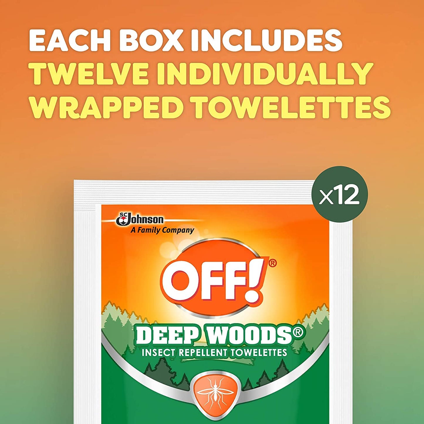 OFF! Deep Woods Insect Repellent Towelettes, Long Lasting Protection from Mosquitoes, Unscented, 12 Count Individually Wrapped Wipes