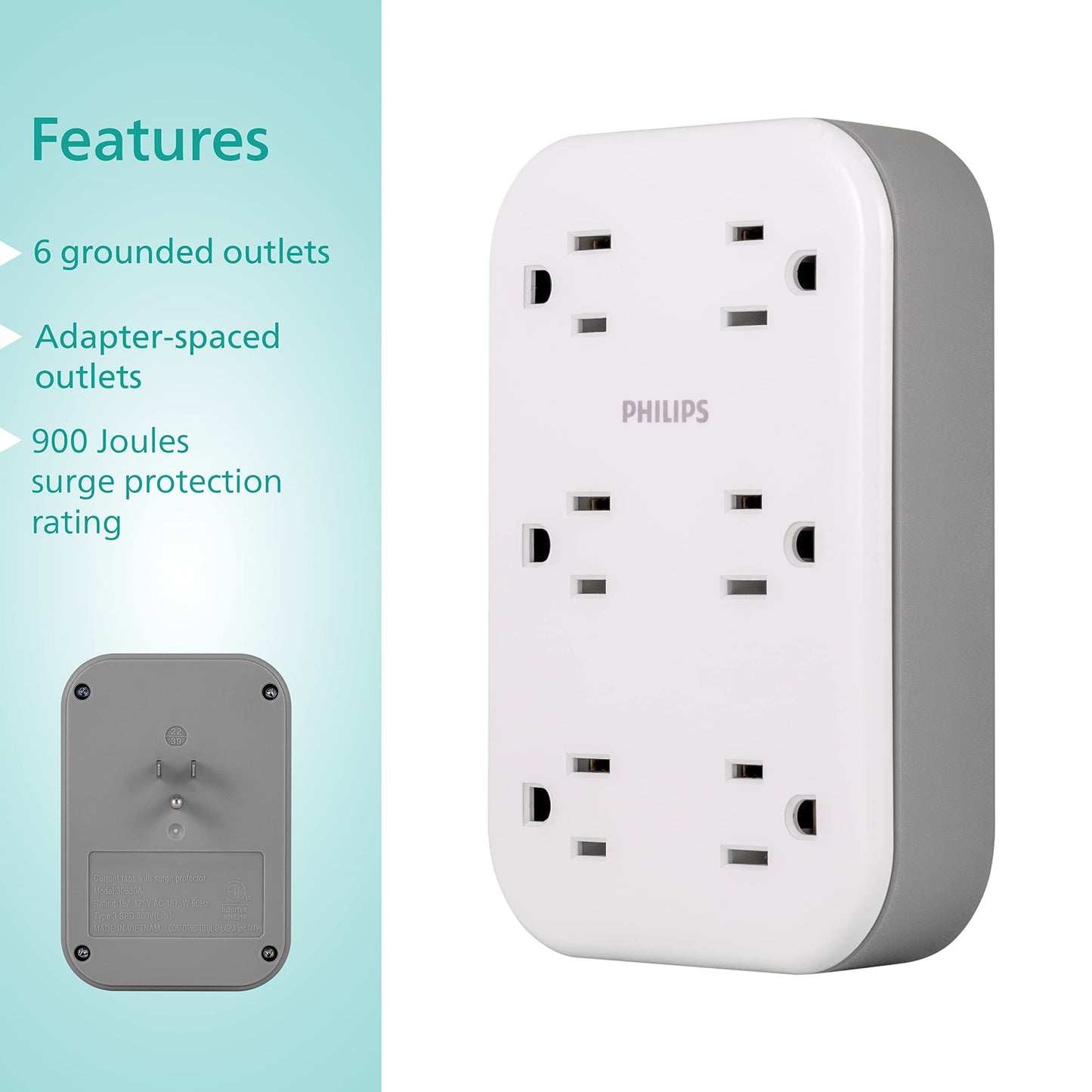 Philips EZFit 6-Outlet Surge Protector Outlet Extender, Wall Tap, Grounded Widely Spaced Outlets, 900 Joules, for Home Office Dorm Essentials, White, SPP6602W/37