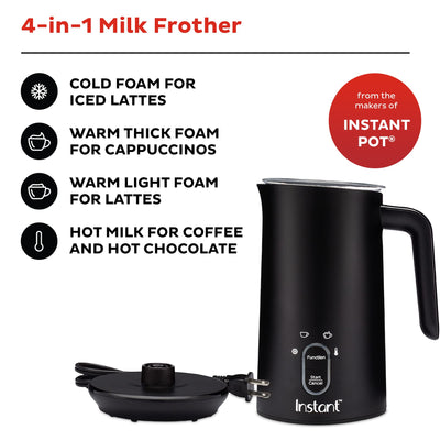 Instant Pot Milk Frother, 4-in-1 Electric Milk Steamer, 10oz/295ml Automatic Hot and Cold Foam Maker and Milk Warmer for Latte, Cappuccinos, Macchiato, From the Makers of Instant 500W, Black