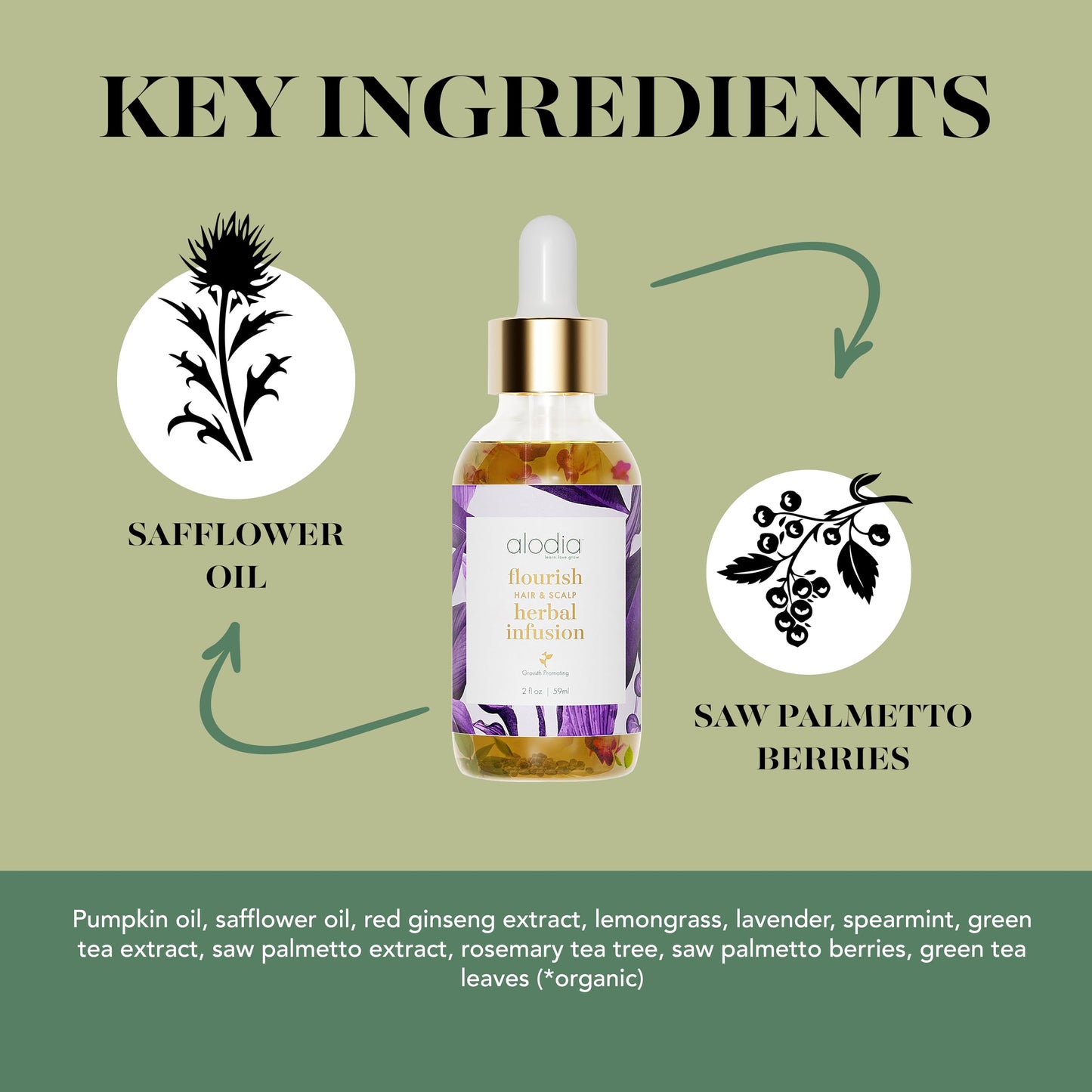 Alodia Flourish Hair & Scalp Herbal Oil Infusion - 2 oz Nut-Free Hair Growth Oil for Women & Men - Leave-On Serum with Green Tea, Saw Palmetto & Hibiscus