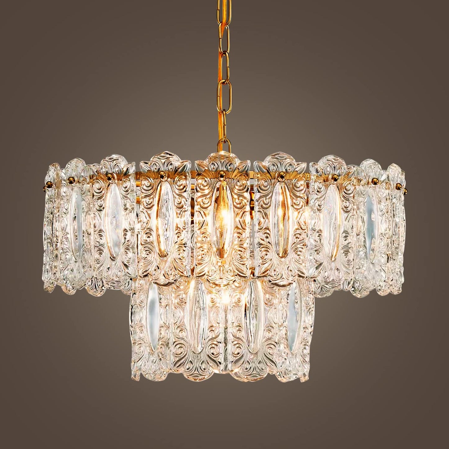 AGV LIGHTING CH010 Crystal Chandelier, Vintage Pendant Chandelier Lighting with 4-Lights, D18 x H10, 2- Tier Glass Shade & Copper Finish