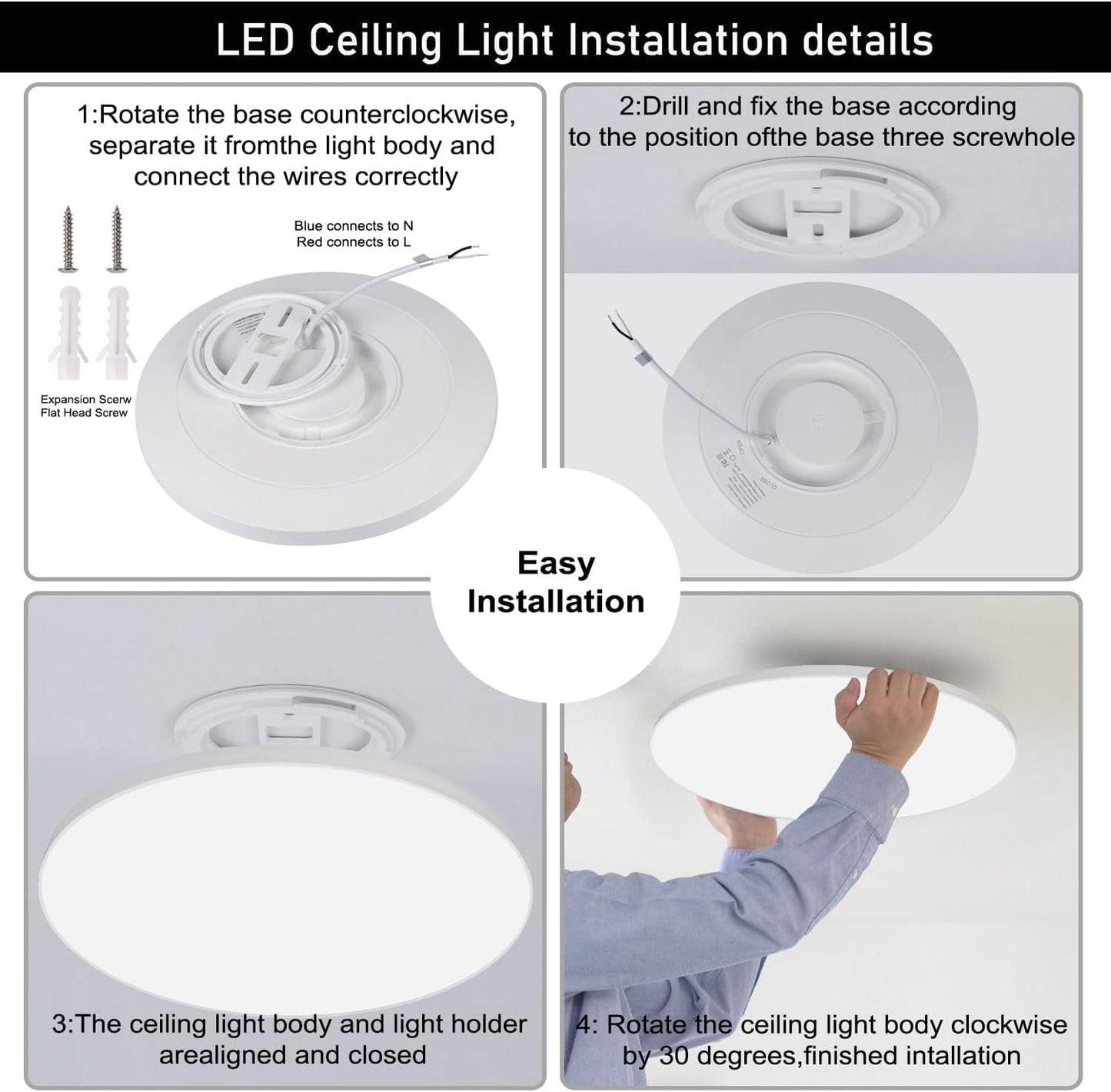 6Pack 2880LM Flush Mount 11inch LED Ceiling Light ,3 Color change 3 in1 (3000k/4000k/6000k)Thin Rimless Ceiling lighting Surface Mount 120V Mosquito Waterproof for Kitchen Bedroom Utility Closet Room