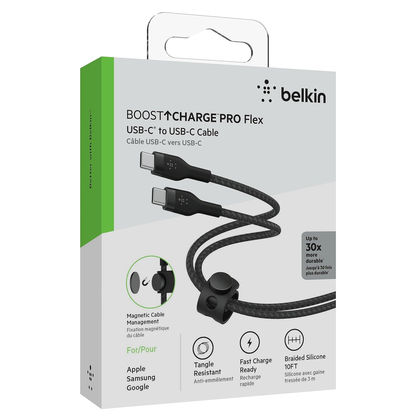 Belkin BoostCharge Pro Flex USB-C Cable with USB-C Connector 10\' Cable + Strap - Slate