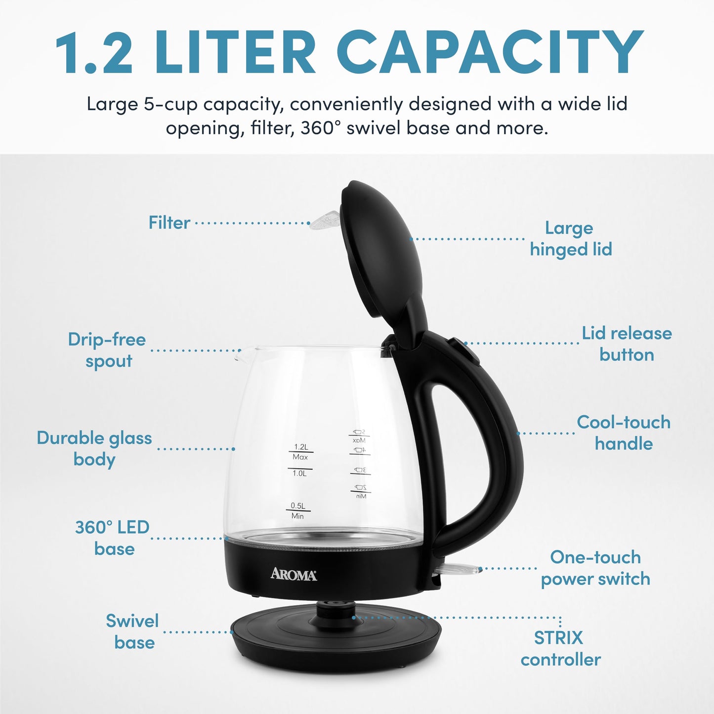 AROMA® 1.2L / 5-Cup Glass Electric Kettle with Cordless Pouring, Trigger-Release Lid, Automatic Shut-off, Black (AWK-151B)