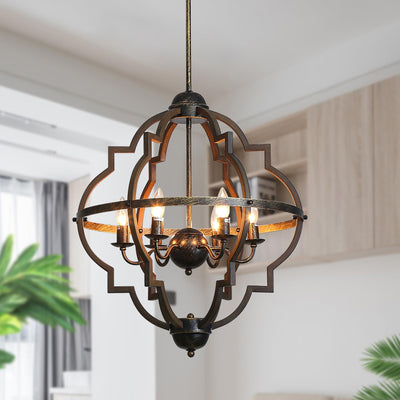 Bsyormak 6-Light Rustic Chandelier Farmhouse Pendant Lighting 22" Large E12 Adjustable Height Stardust Hanging Light Wood Color Painted Globe Vintage Dining Light for Kitchen Island Foyer Entryway