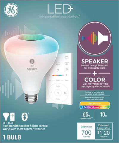 GE LED+ Color Changing Speaker LED Light Bulb with Remote, 10W, Soft White + Multicolor, BR30 Indoor Floodlight (1 Pack)