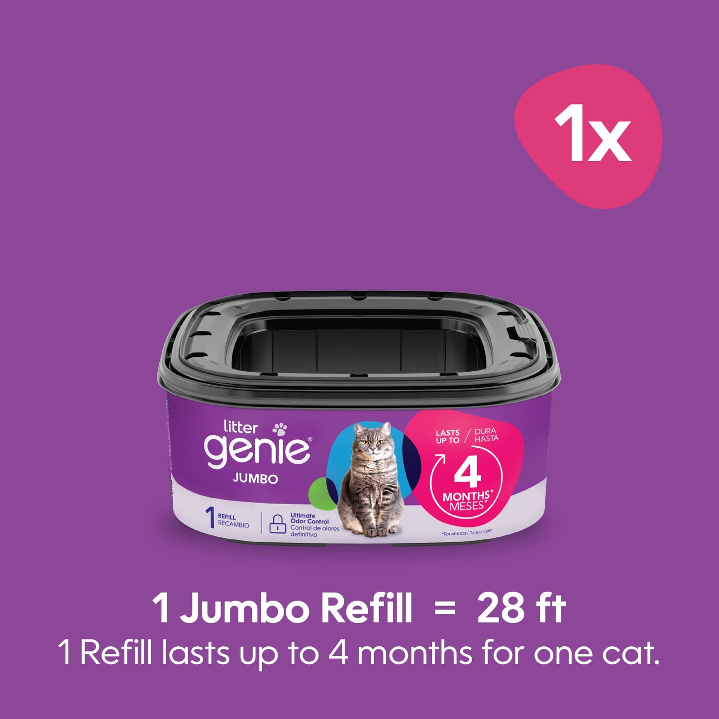 Litter Genie Refill Bags | Jumbo 1-Pack | Up to 4 Months of Supply in 1 Cartridge | Ultimate Odor Control Cat Litter Bags