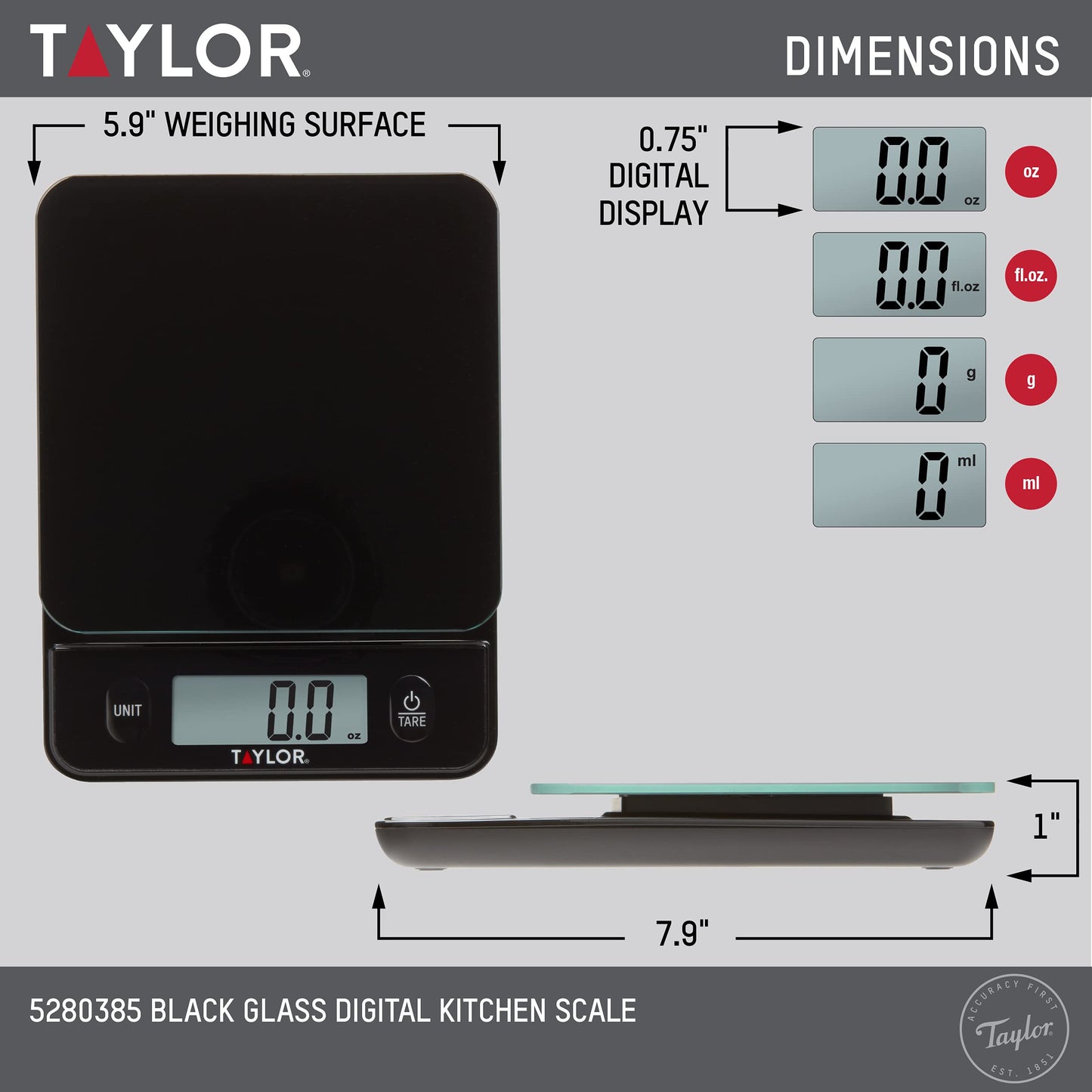 Taylor Glass Top Food Scale with Touch Control Buttons, 11 lb Capacity, Black