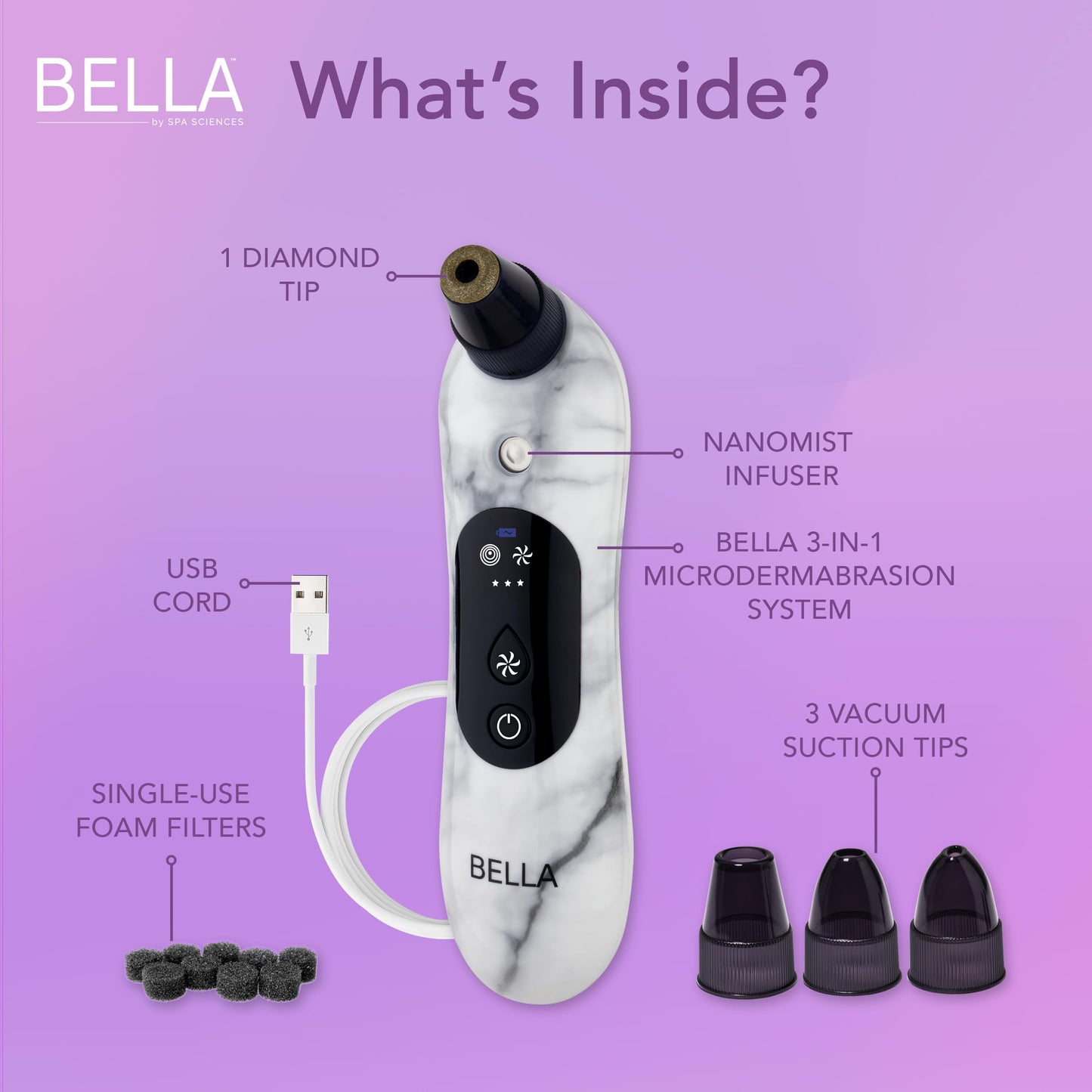 Spa Sciences - Bella Microderm Pore Extractor & Nano Mister - 3-in-1 - Exfoliation & Pore Purification - Hydrating, Refreshing, Soothing - for All Skin Types - USB Charging