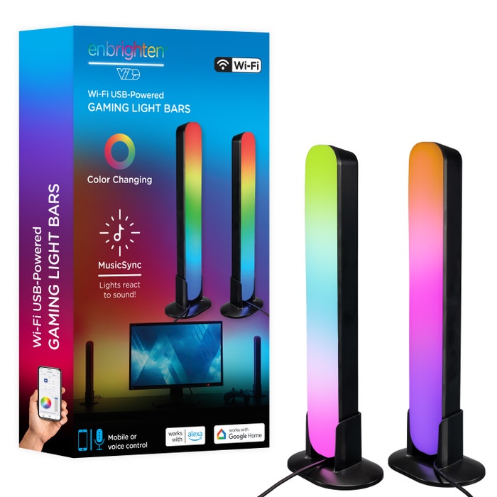 Enbrighten WiFi USB-Powered LED Color Changing Gaming Light Bars, 2 Pack, Black