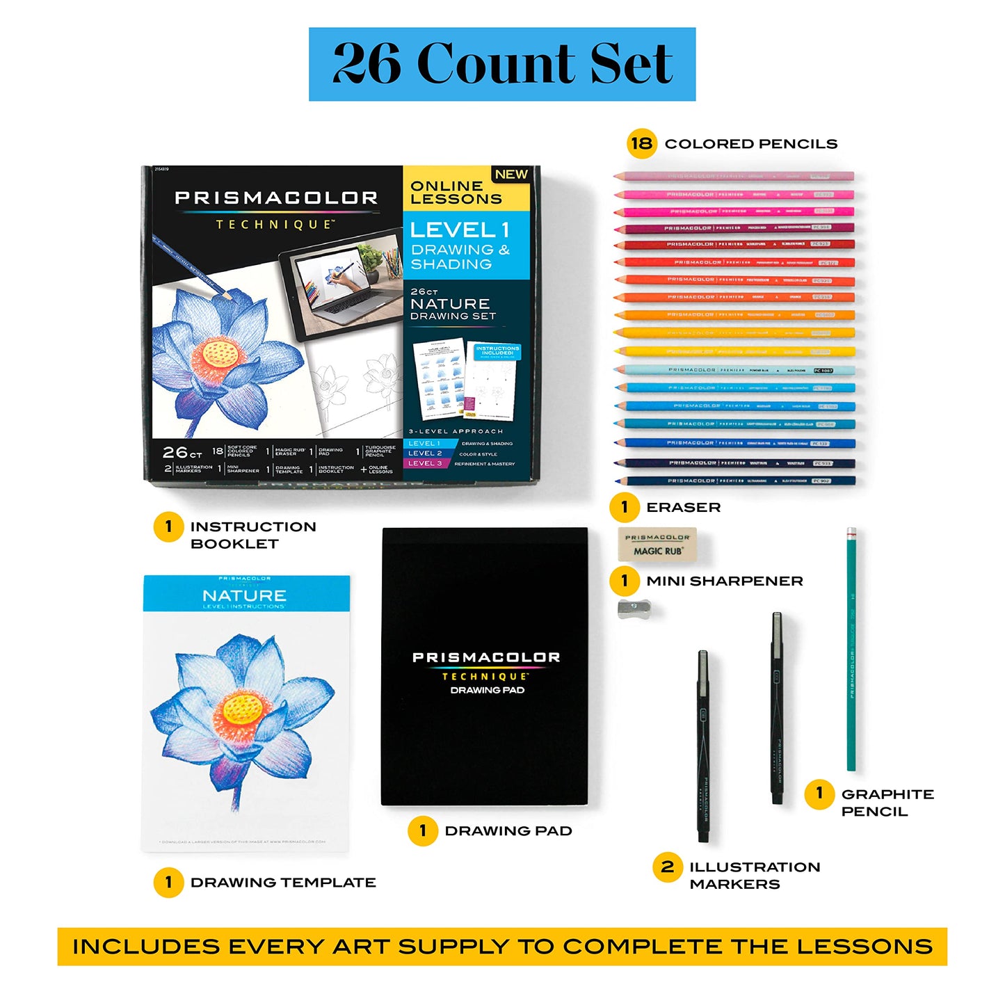 Prismacolor Technique, Art Supplies and Digital Art Lessons, Nature Drawing Set, Level 1, Learn to Draw with Colored Pencils, Graphite Pencils, and More, Flower Drawing, 26 Count