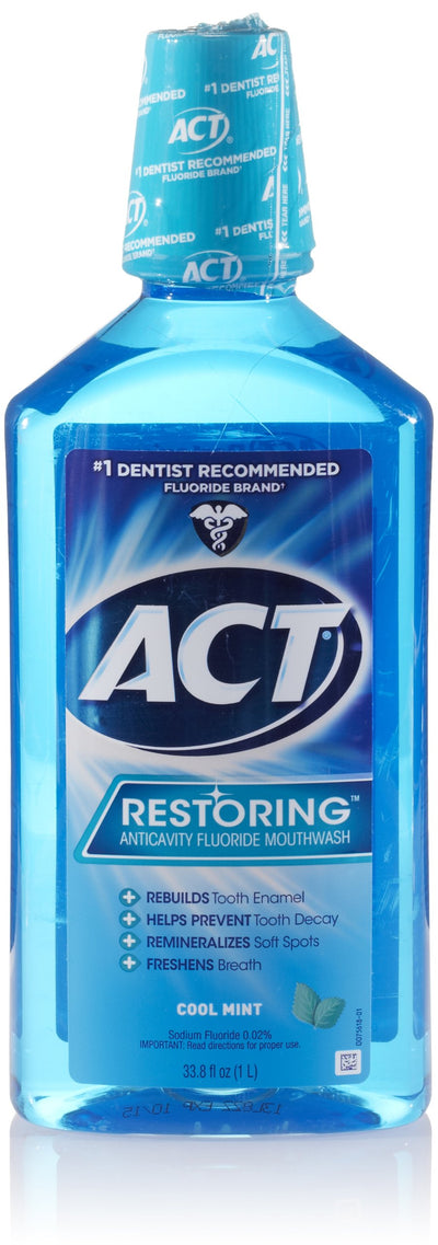 ACT Restoring Fluoride Mouthwash 33.8 fl. oz. Strengthens Tooth Enamel, Cool Mint