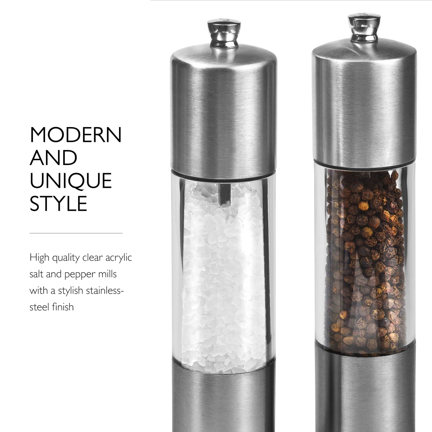 Cole & Mason Everyday Salt & Pepper Mill Gift Set - Filled Salt & Pepper Grinders - Refillable & Adjustable Mill Set - Acrylic & Stainless Steel Salt & Pepper Grinders - Hand Wash - Stainless Steel