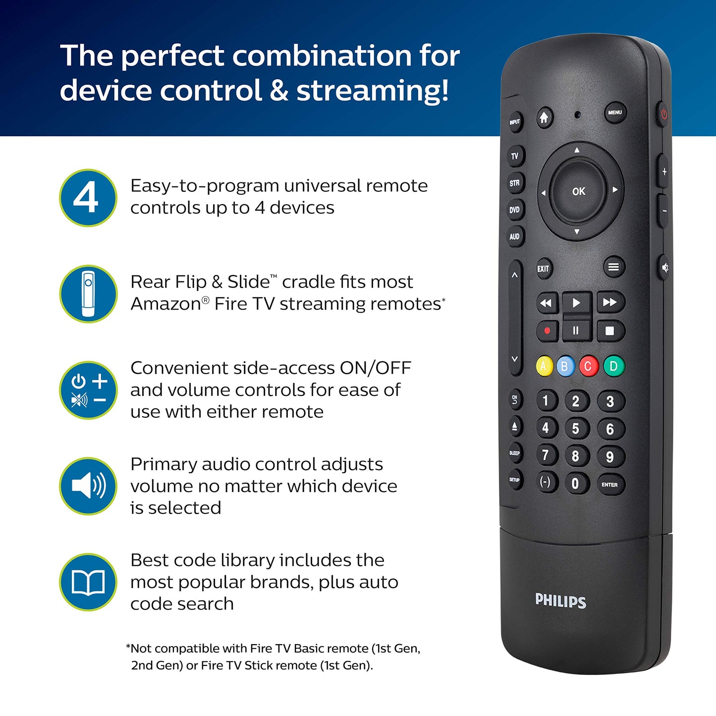 Philips Universal Companion Remote Control for Samsung, Vizio, LG, Sony, Roku, Apple TV, RCA, Panasonic, Smart TVs, Streaming Players, Blu-ray, DVD, 4 Device, Flip & Slide Fire TV, Black, SRP2024A/27