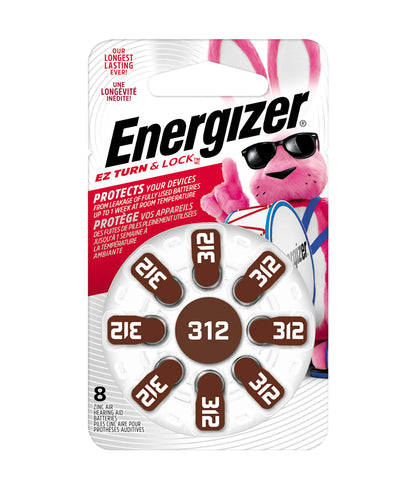 Energizer Hearing Aid Batteries Size 312, EZ Turn & Lock (8 Battery Count)