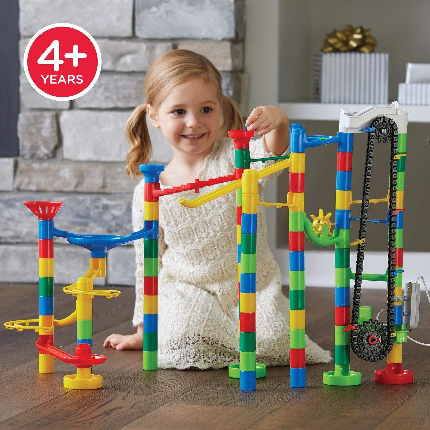 MindWare Marble Run 110 Piece Building Set with 82 Track Pieces, 15 Marbles and Motorized Elevator