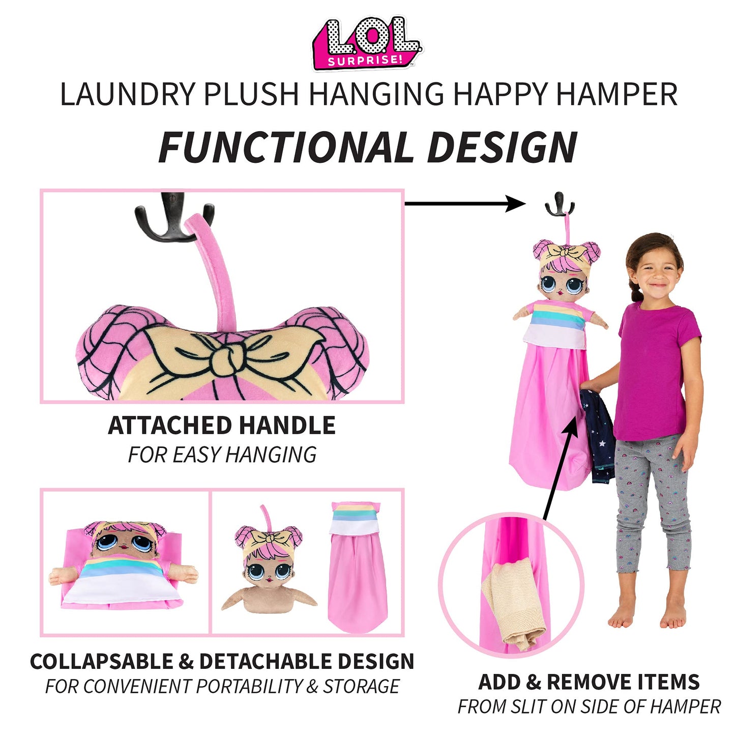 Franco Kids Room Laundry Plush Hanging Happy Hamper, One Size, LOL Surprise