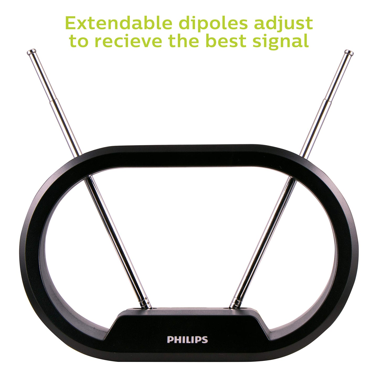 Philips Modern Loop Rabbit Ears Indoor TV Antenna, 15 inch Extendable Dipoles, 4K 1080P VHF UHF, Tabletop Antenna, Digital HDTV Antenna, Smart TV Compatible, 4ft Coaxial Cable, Black, SDV7114A/27