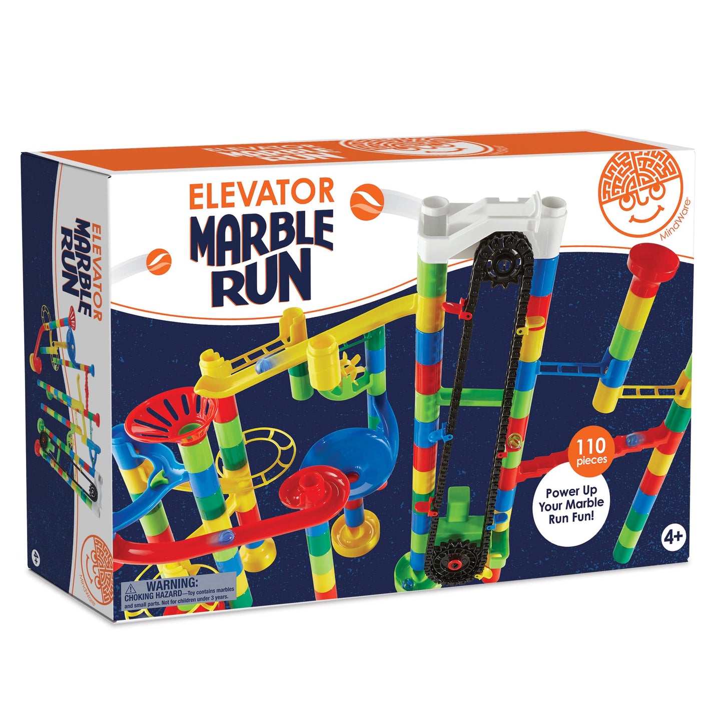 MindWare Marble Run 110 Piece Building Set with 82 Track Pieces, 15 Marbles and Motorized Elevator