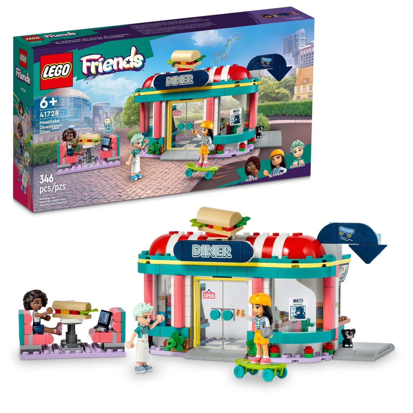 LEGO Friends Heartlake Downtown Diner Building Toy - Restaurant Pretend Playset with Food, Includes Mini-Dolls Liann, Aliya, and Charli, Birthday Gift Toy Set for Boys and Girls Ages 6+, 41728