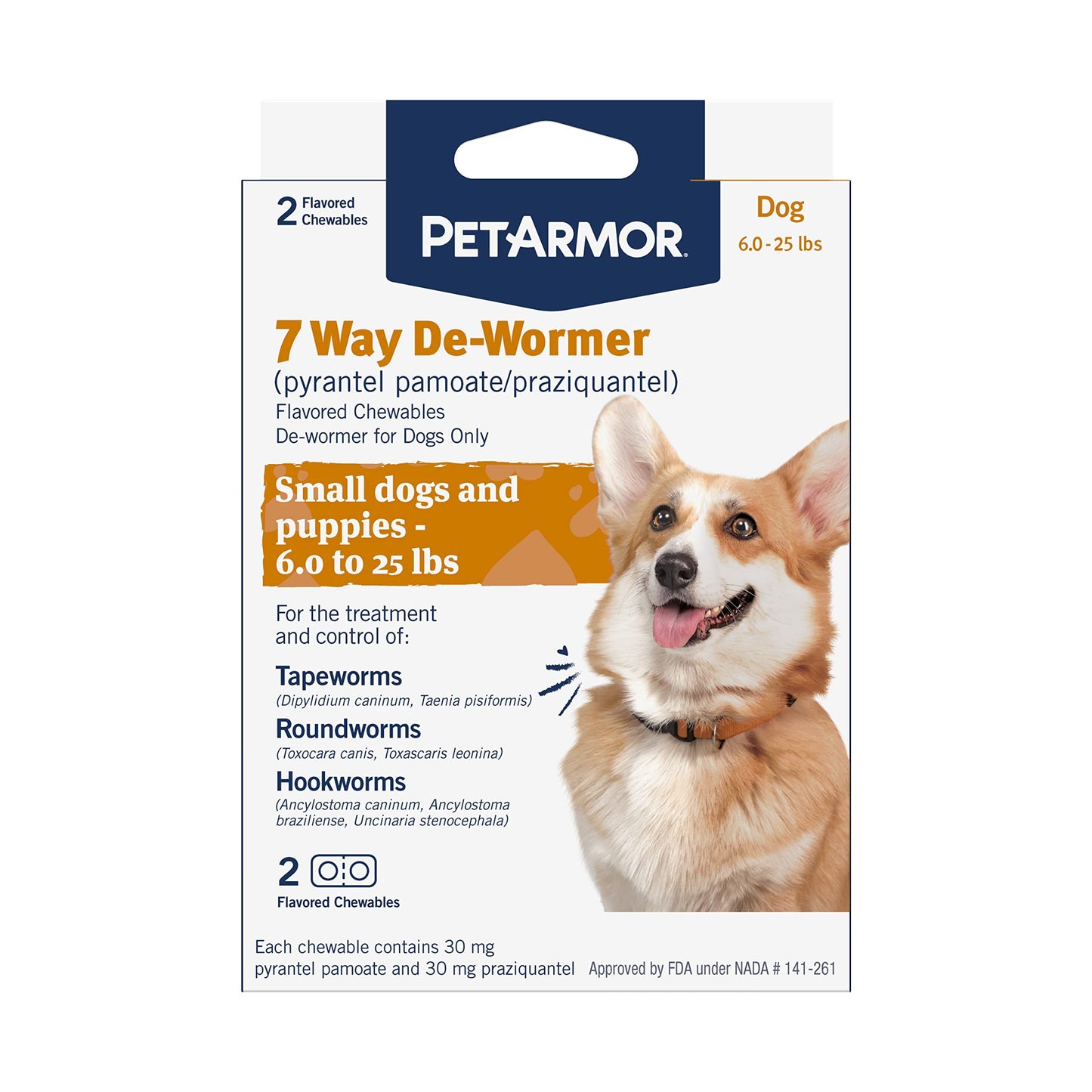 PetArmor 7 Way De-Wormer for Dogs, Oral Treatment for Tapeworm, Roundworm &amp; Hookworm in Small Dogs &amp; Puppies (6-25 lbs), Worm Remover (Praziquantel &amp; Pyrantel Pamoate), 2 Flavored Chewables