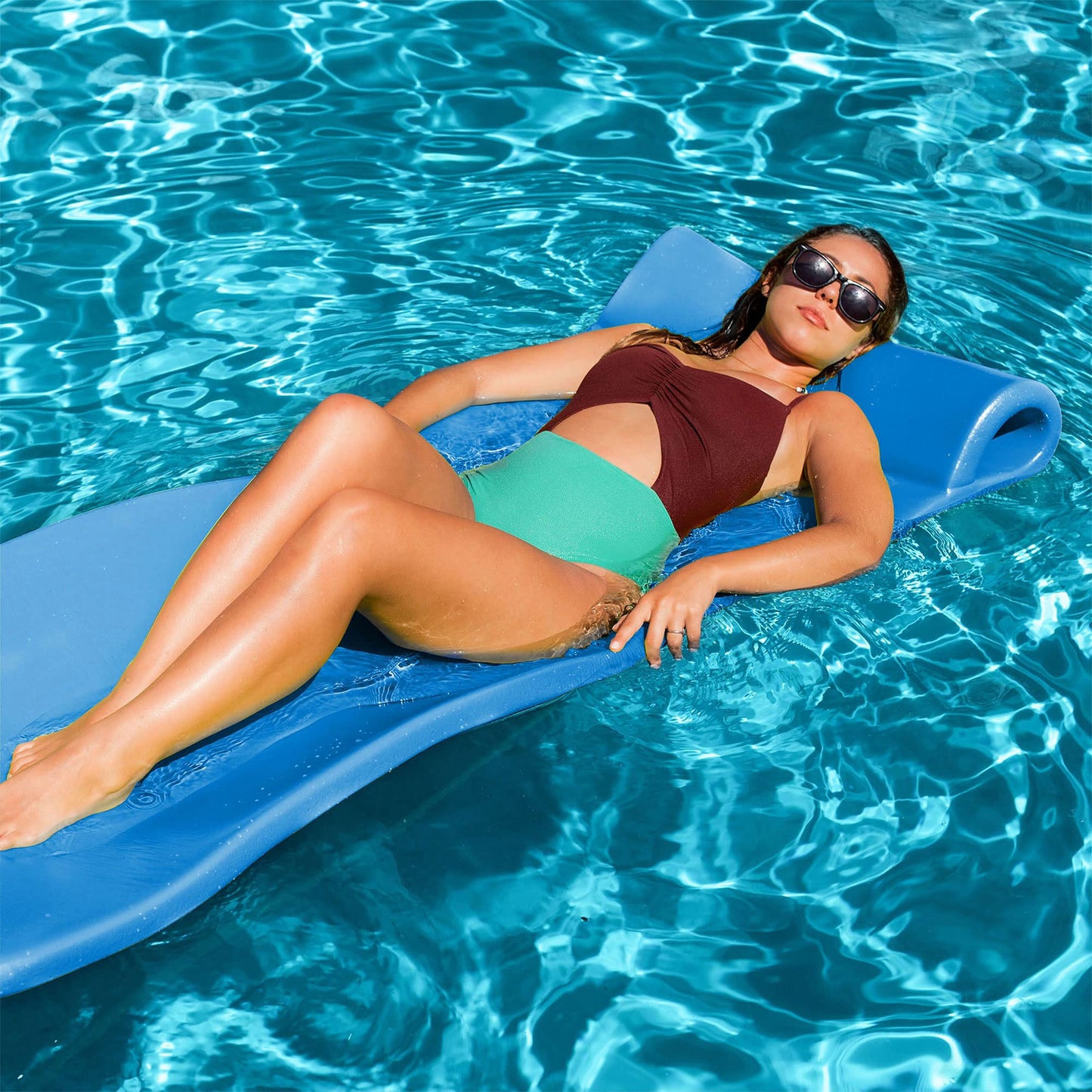 TRC Recreation Splash 1.25 Inch Thick Foam Swimming Pool Float Mat Large Adult Lounger with Built-in Roll Pillow, Bahama Blue