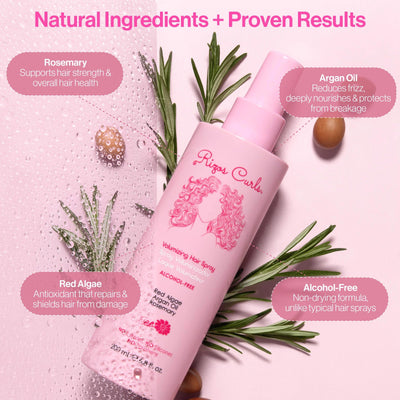 Rizos Curls Alcohol-Free Volumizing Hair Spray, Locks Hold & Style, Touchable Hold Without Crunch or Flakes, Infused with Rosemary, Argan Oil & Red Algae, 6.8 oz