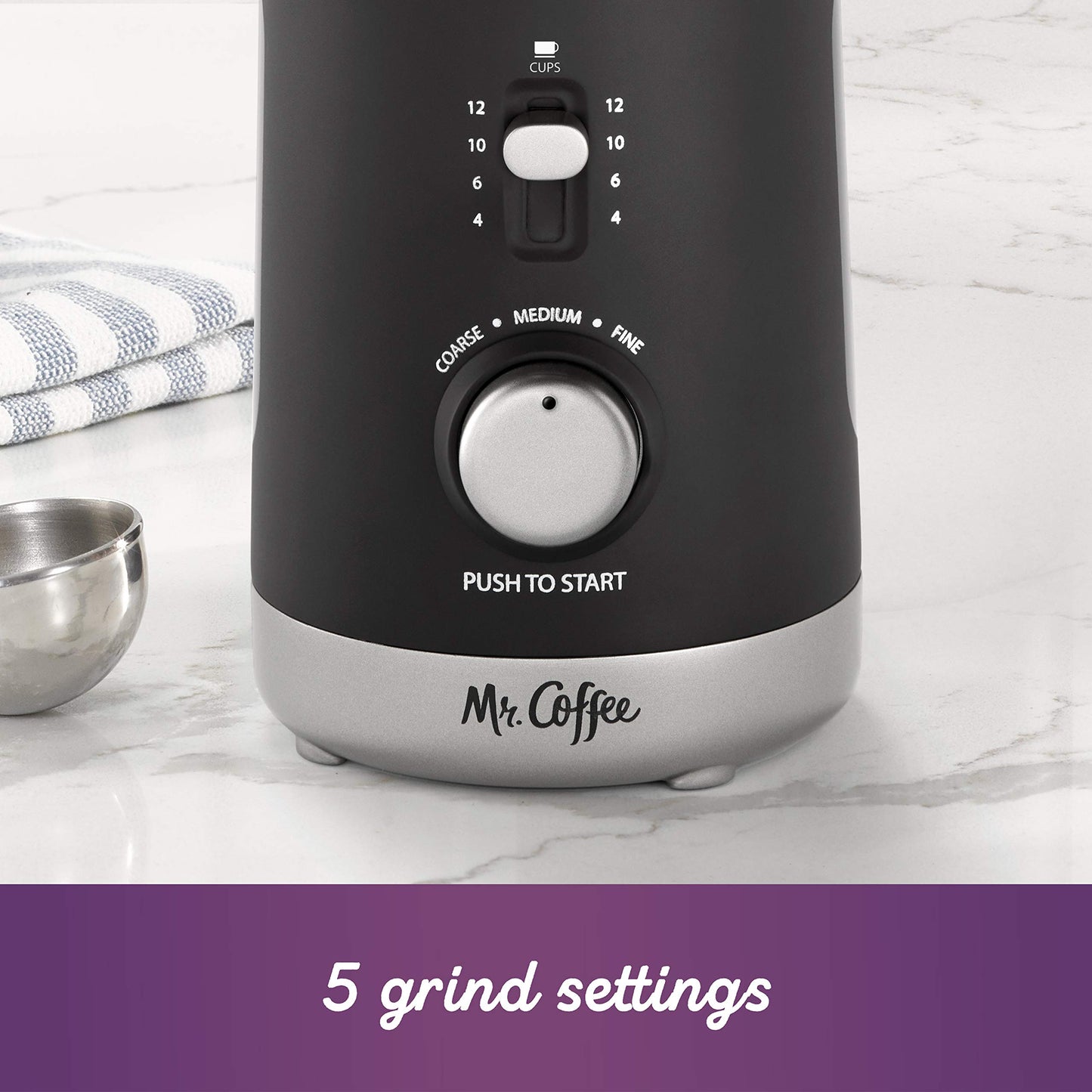Mr. Coffee Automatic Coffee Grinder with 5 Presets, 12 Cup Capacity, Black – Ideal for Home Use and Espresso Lovers