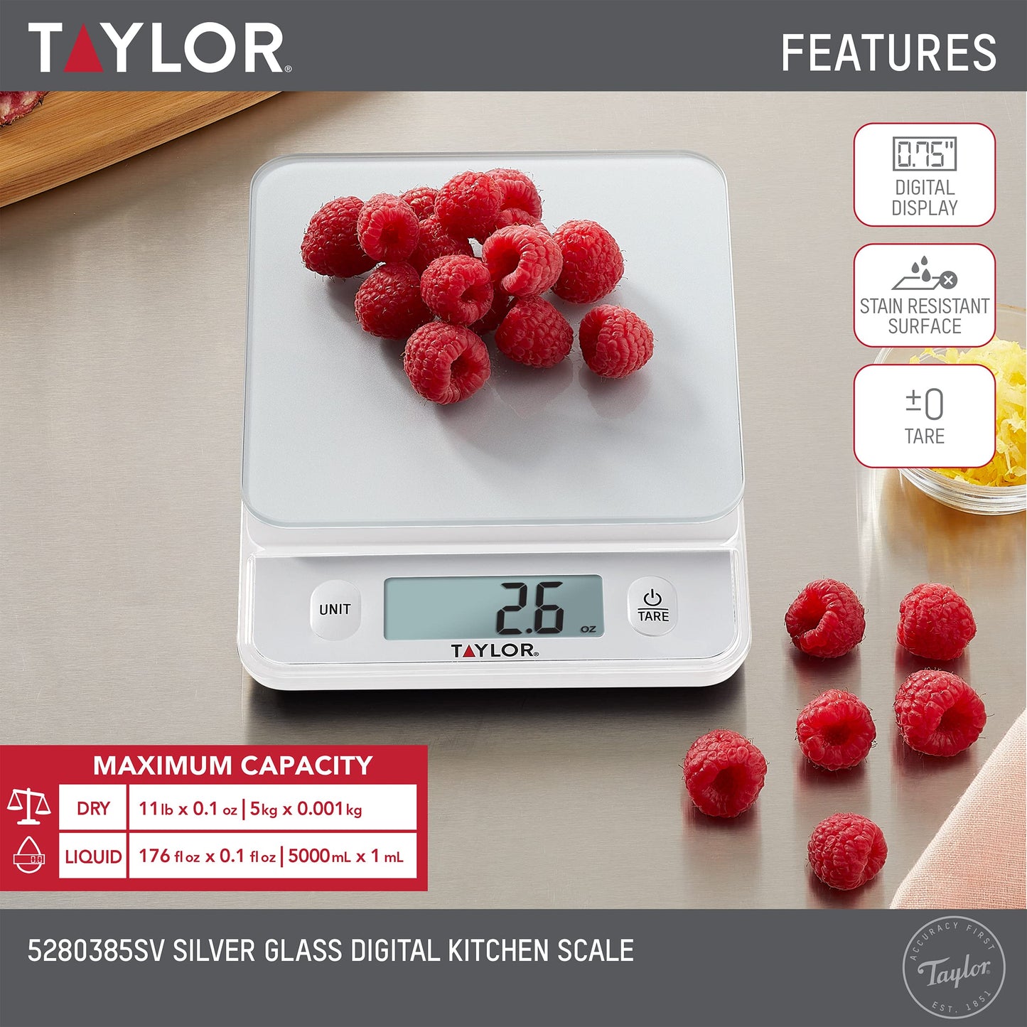 Taylor Glass Top Food Scale with Touch Control Buttons, 11 lb Capacity, Silver