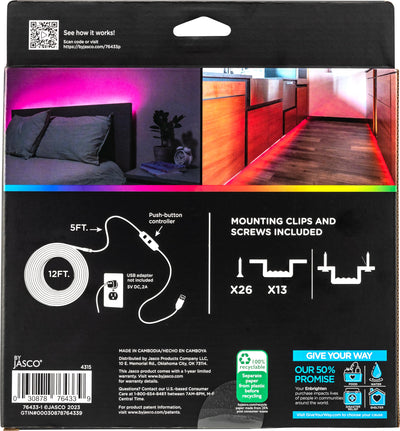 Enbrighten USB Powered RGB LED Light Strip, 12ft, Indoor LED Tape Light, Push Button, RGB, 76433