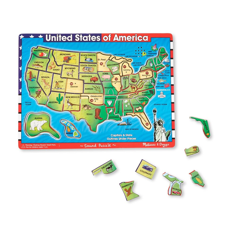 Melissa &amp; Doug USA Map Sound Puzzle - Wooden Puzzle With Sound Effects (40 pcs), Multicolor - States And Capitals Map Puzzle, Educational Toy, Geography For Kids Ages 5+